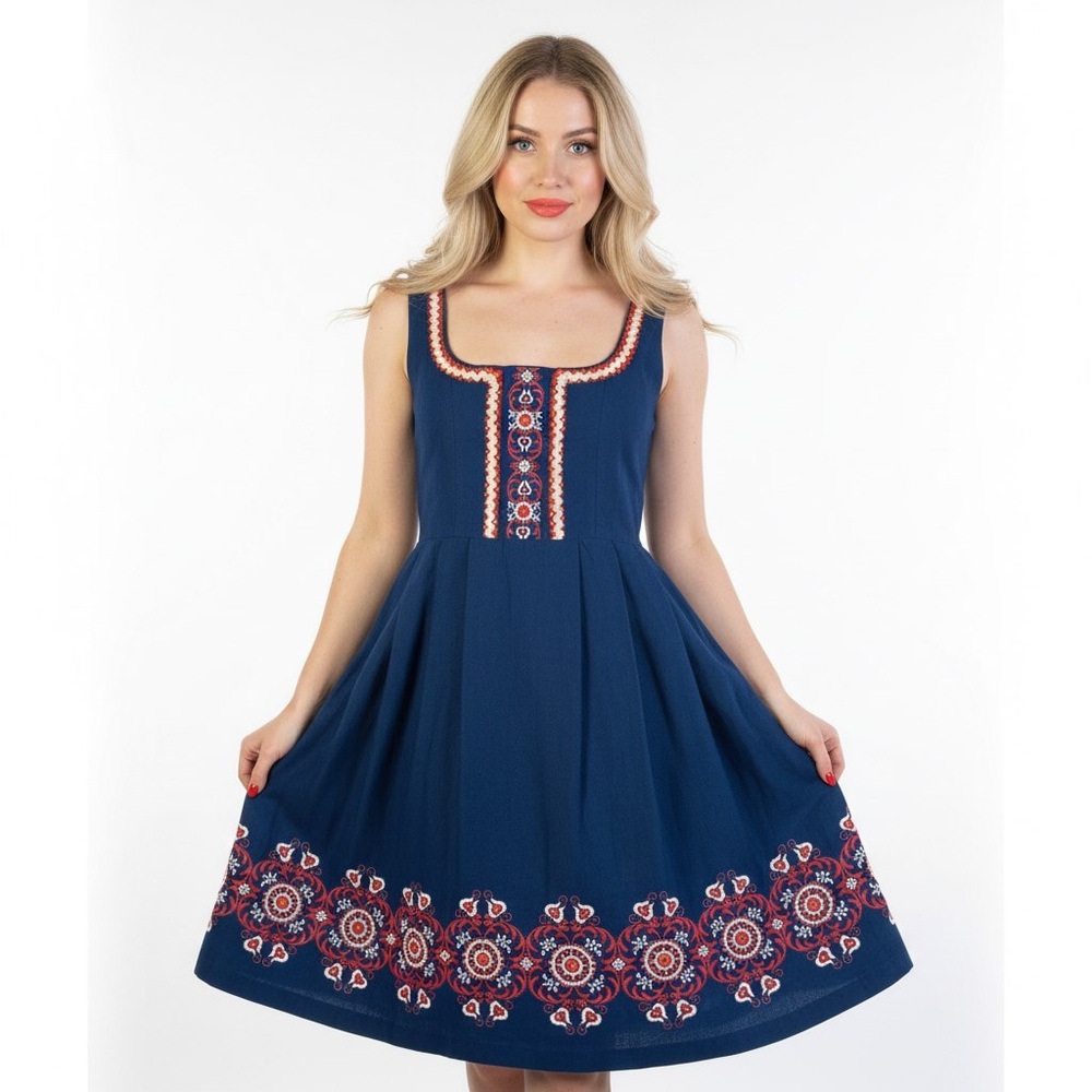 Hancke Vintage Dress Cotton Blue Dress Austrian 60s Prairie Dress Embroidered 42